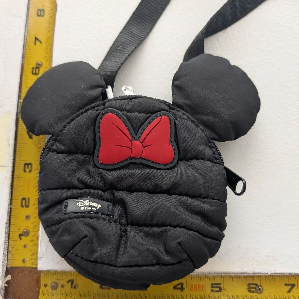 Disney Minnie Mouse Mini Crossbody Bag Black Puffer Nylon Red Bow Zip Purse
